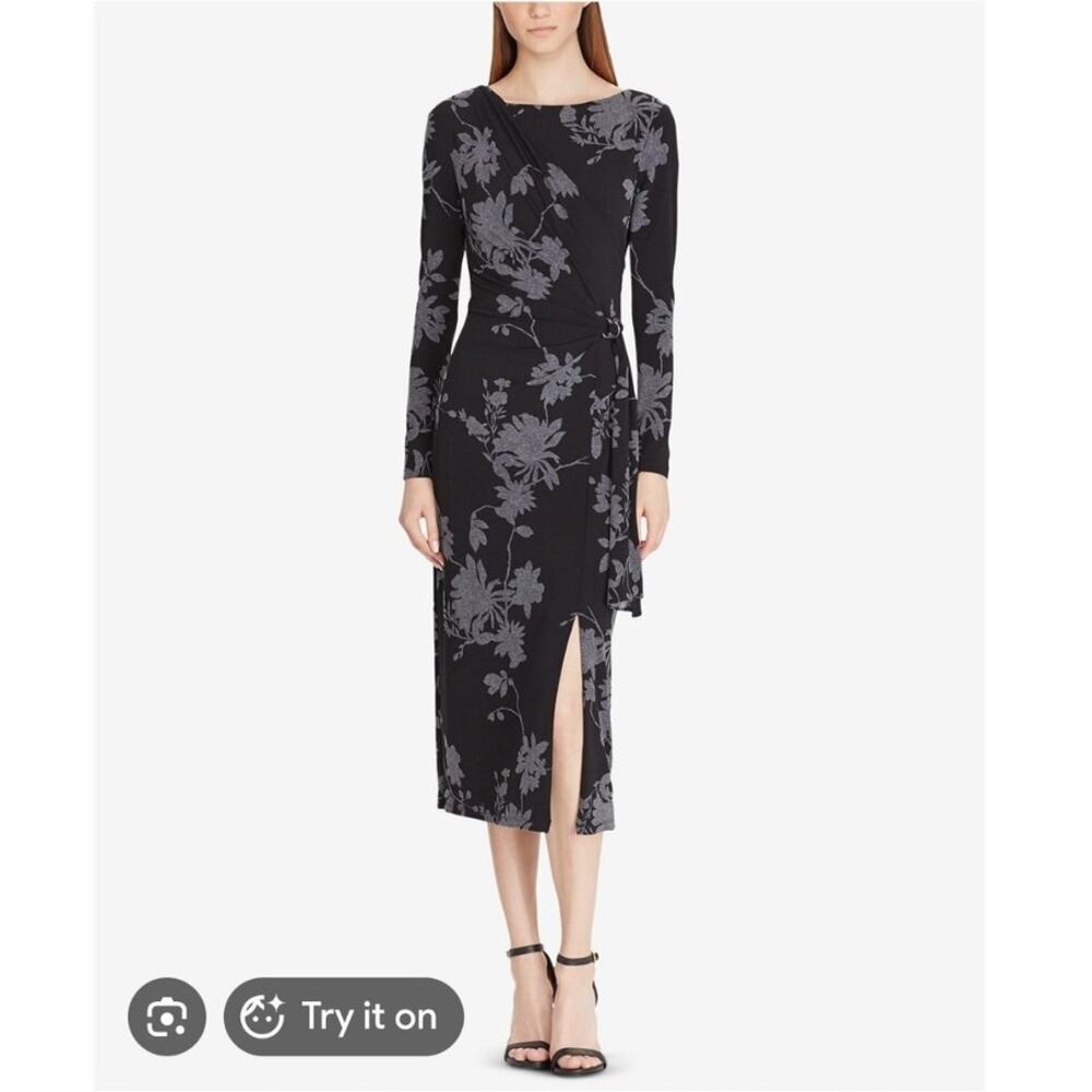 Lauren Ralph Lauren Connie Wrap Midi Dress 16 Long Sleeve Jersey Floral Boatneck